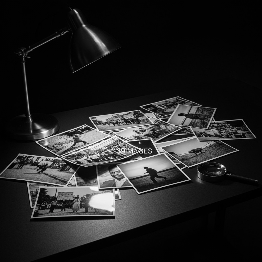 Lighting stands above a table filled with scattered black and white photographs, lenses shown to the right, a '39IMAGES' w...