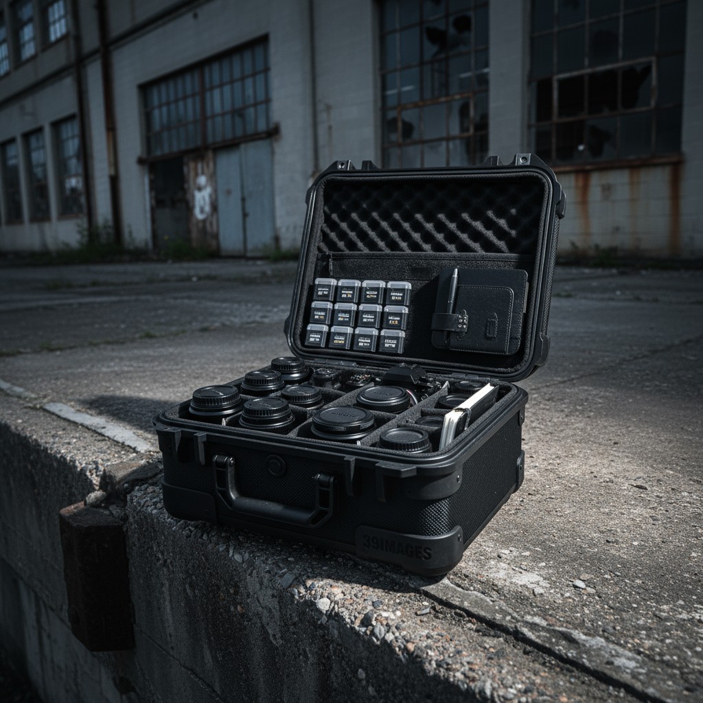 Image description: A black camera lens case with open lid, containing eight lens caps, an extra lens, and other accessorie...