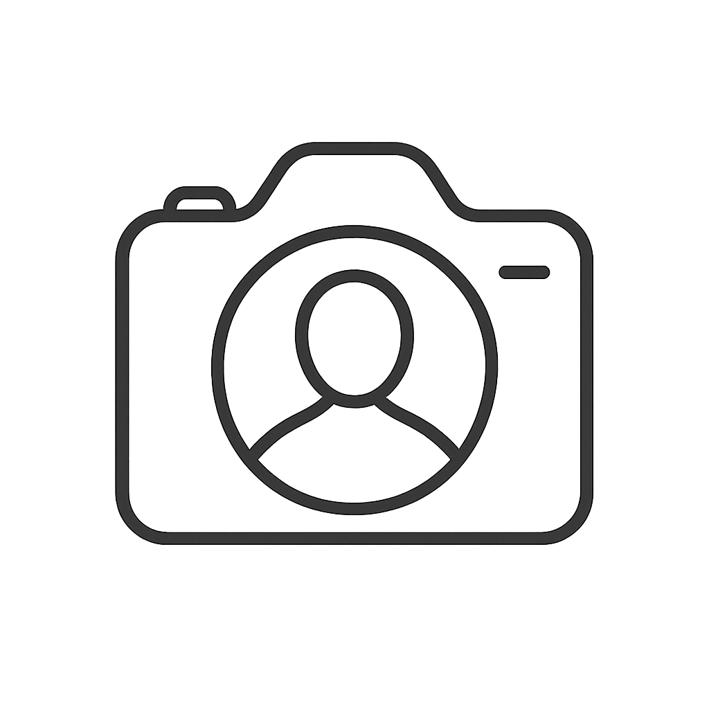 Camera icon with an outline design of a person in the viewfinder.